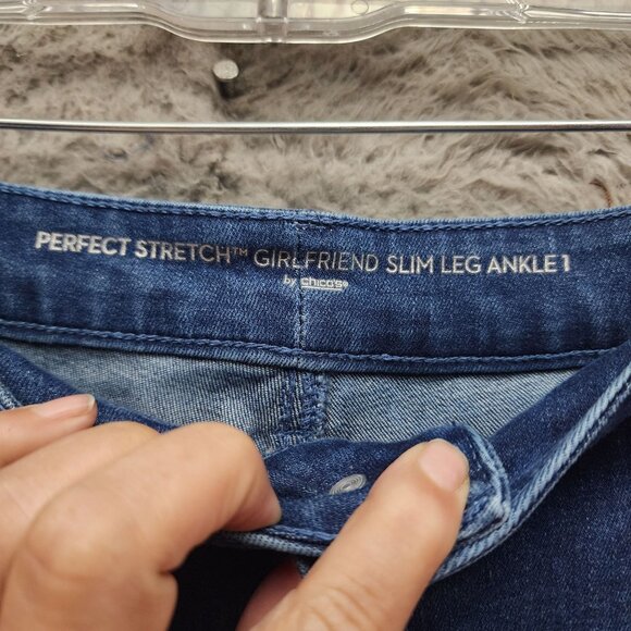 Chicos Jeans Womens 1 US 8 Blue Girlfriend Slim Leg Ankle Stretch Patchwork - Picture 2 of 14